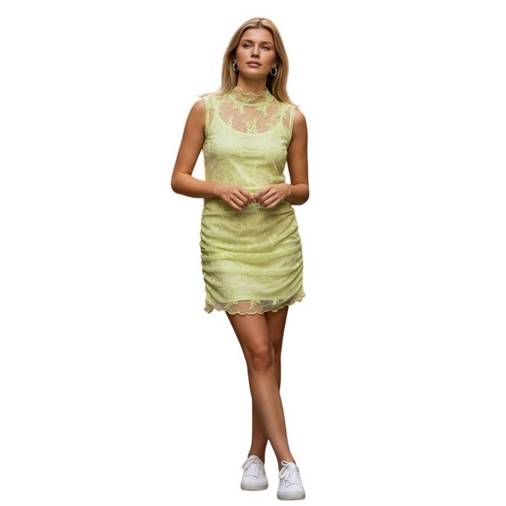 Free People Sheer Lace Ruched blouse XS Yellow Excellent Mock Neck